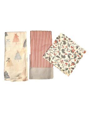 3 Geometry Christmas Kitchen Linens Towels Washcloth Trees Stripes As Is